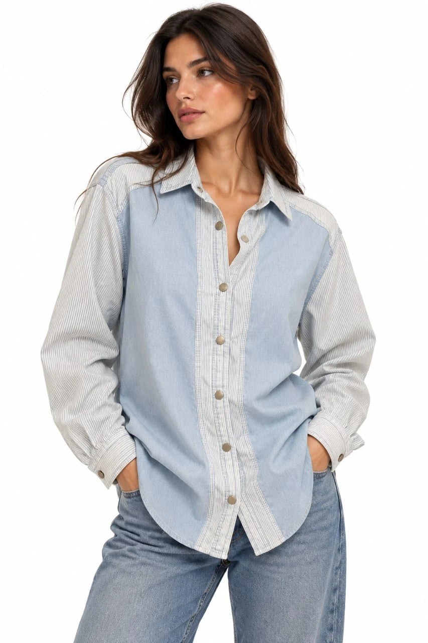 Colour-Block Oversized Denim Shirt