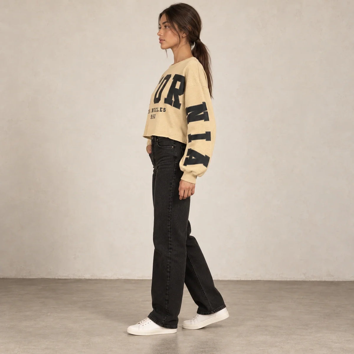 California Cropped Sweatshirt in Beige — ONE MORE