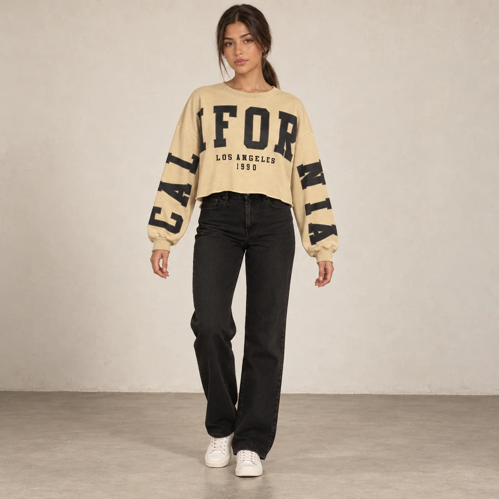 California Cropped Sweatshirt in Beige — ONE MORE