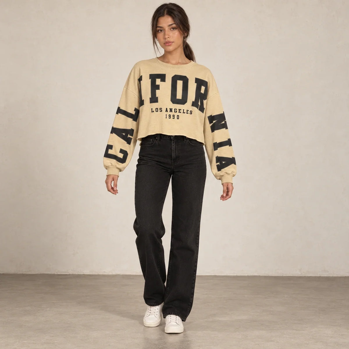 California Cropped Sweatshirt in Beige — ONE MORE