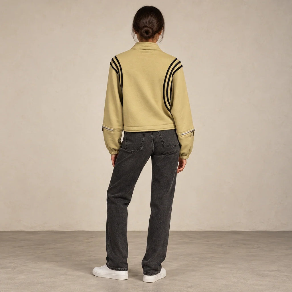 Striped Sleeve Cropped Sweatshirt in Beige — ONE MORE