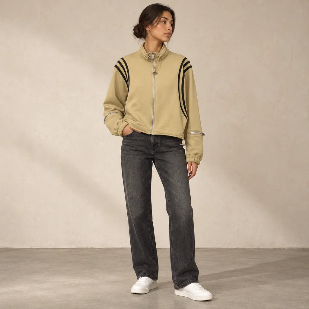 Striped Sleeve Cropped Sweatshirt in Beige — ONE MORE