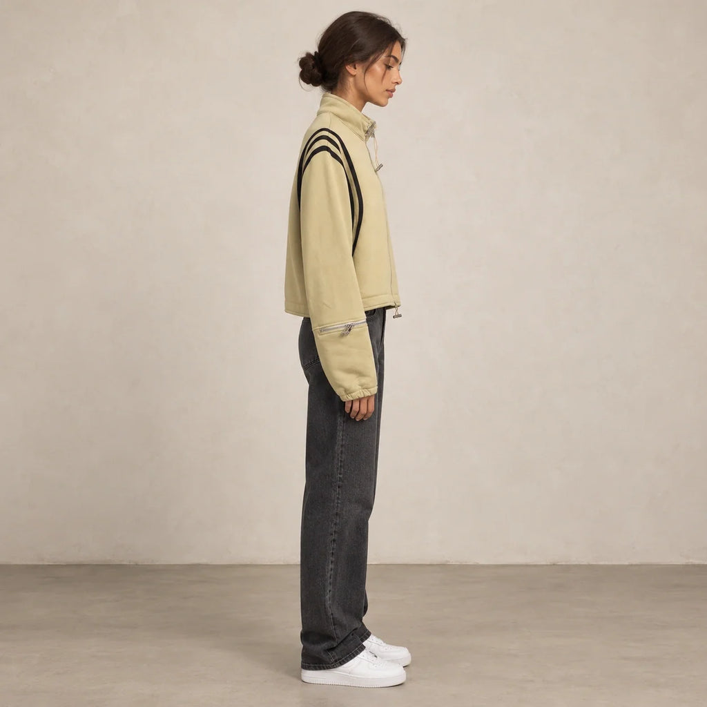 Striped Sleeve Cropped Sweatshirt in Beige — ONE MORE