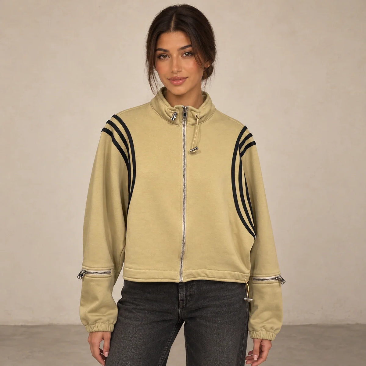 Striped Sleeve Cropped Sweatshirt in Beige — ONE MORE