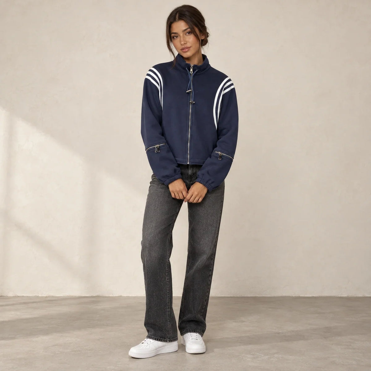 Striped Sleeve Cropped Sweatshirt in Blue — ONE MORE