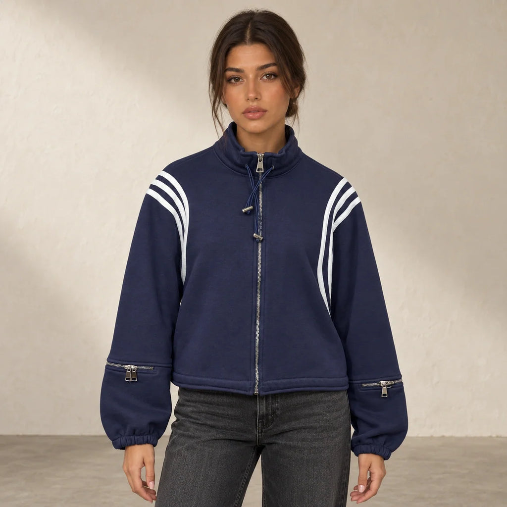 Striped Sleeve Cropped Sweatshirt in Blue — ONE MORE