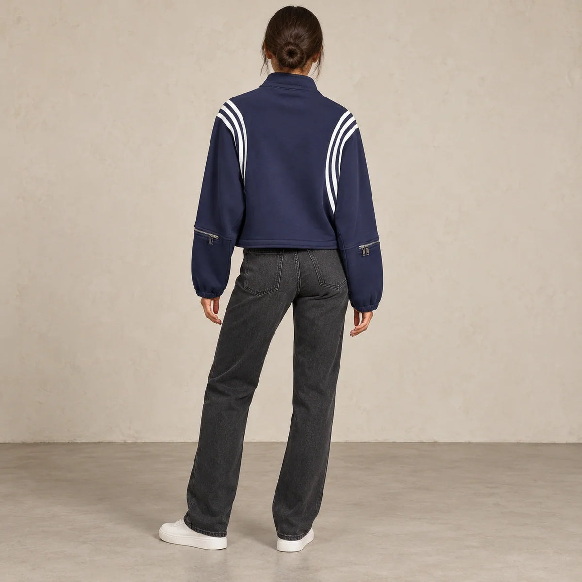 Striped Sleeve Cropped Sweatshirt in Blue — ONE MORE