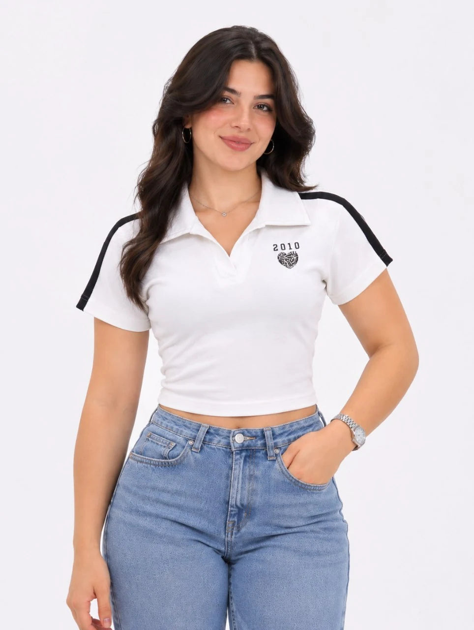 Striped-Trim Polo Crop Top