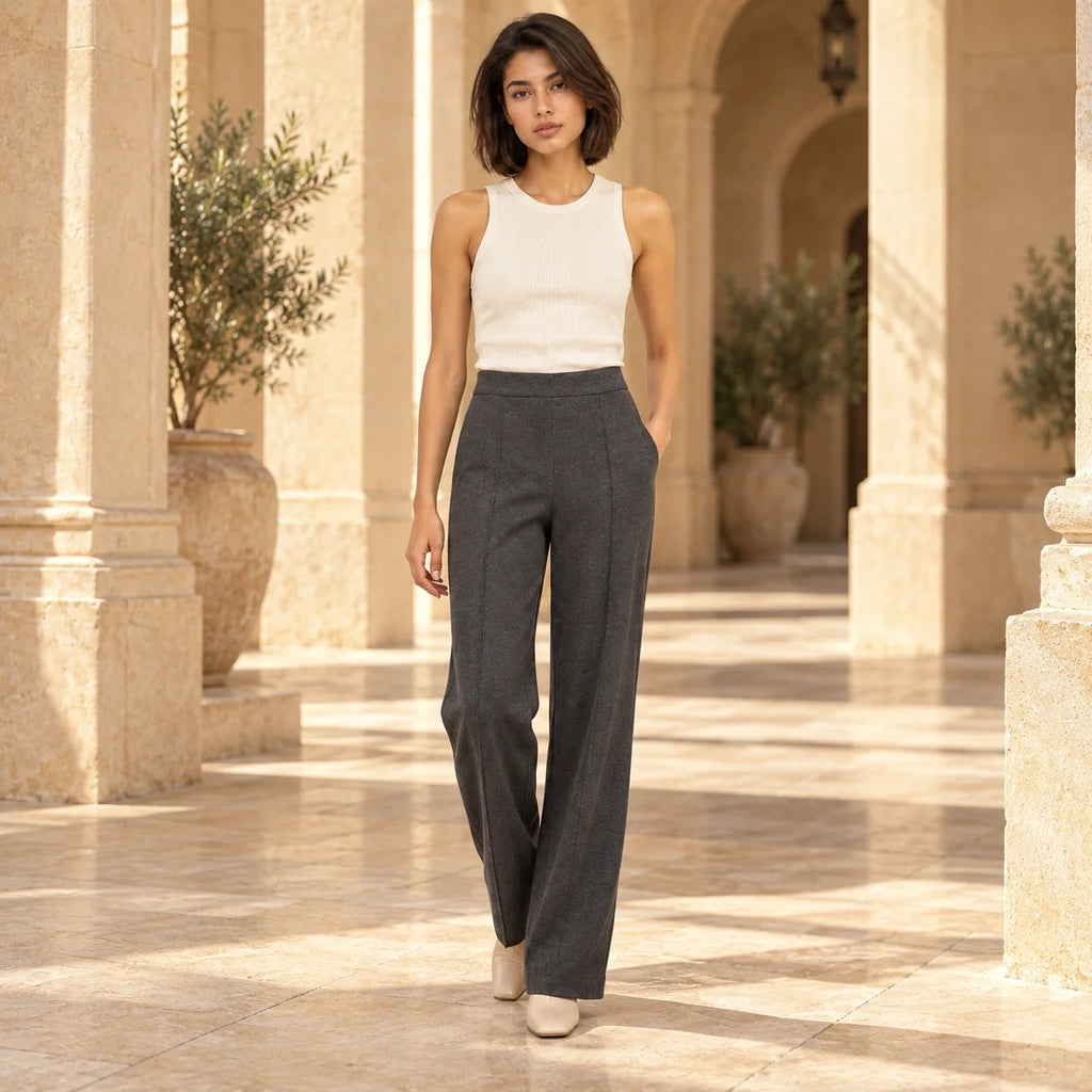 Tailored Jersey Wide-Leg Trousers in Dark Gray — ONE MORE