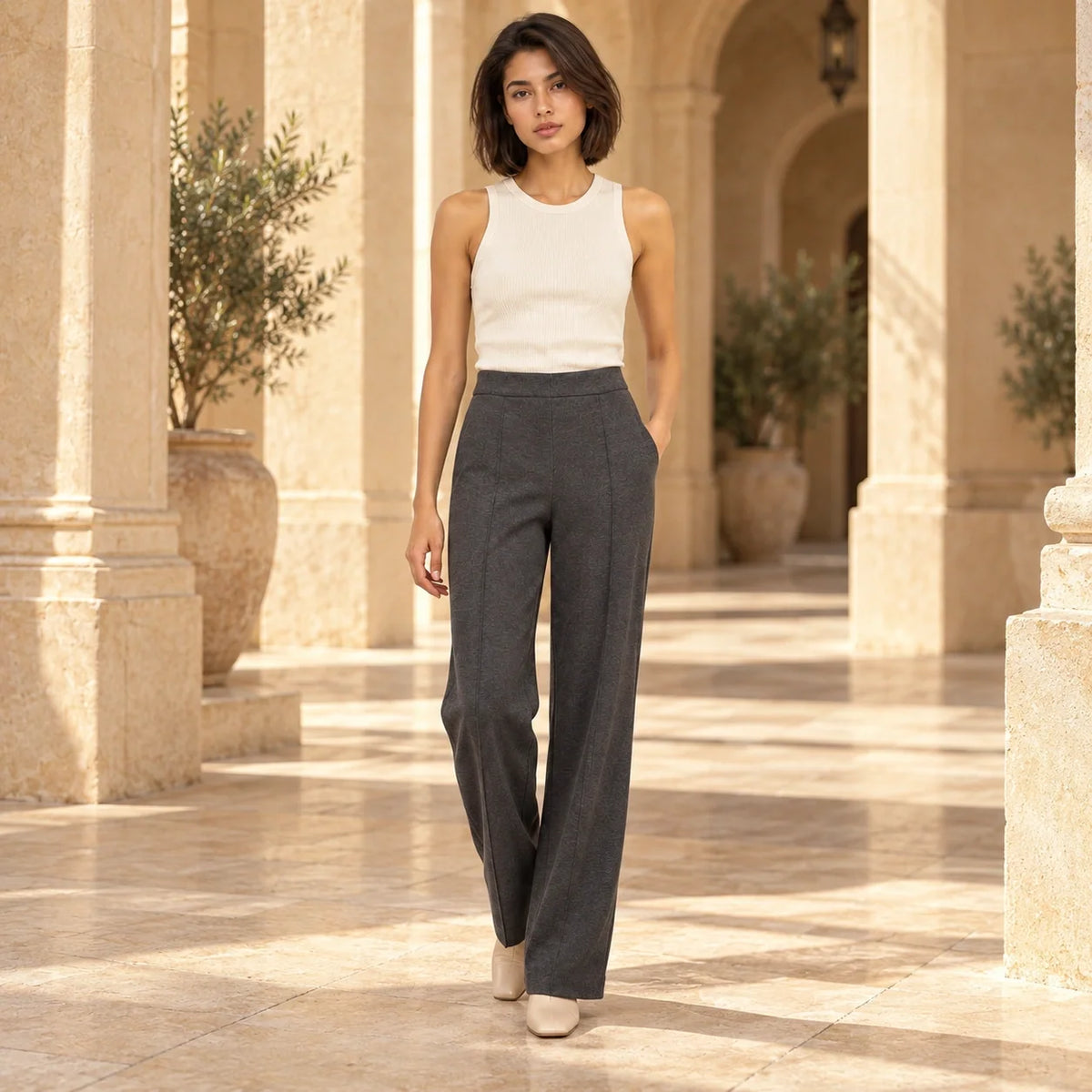 Tailored Jersey Wide-Leg Trousers in Dark Gray — ONE MORE