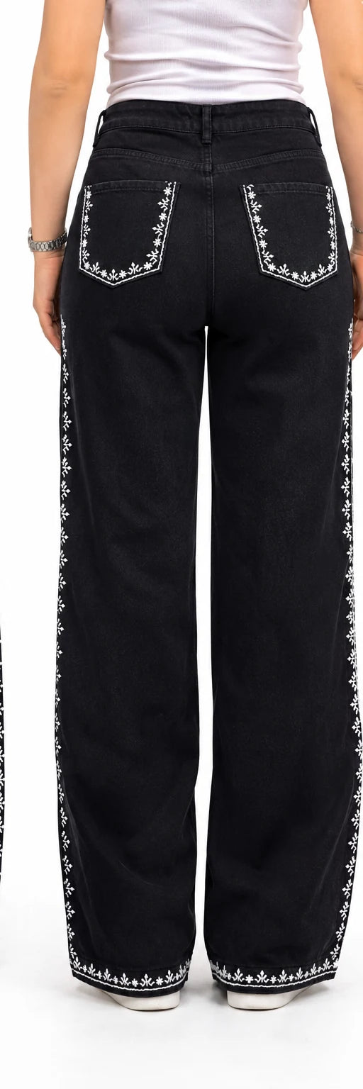 Embroidered Wide-Leg Jeans