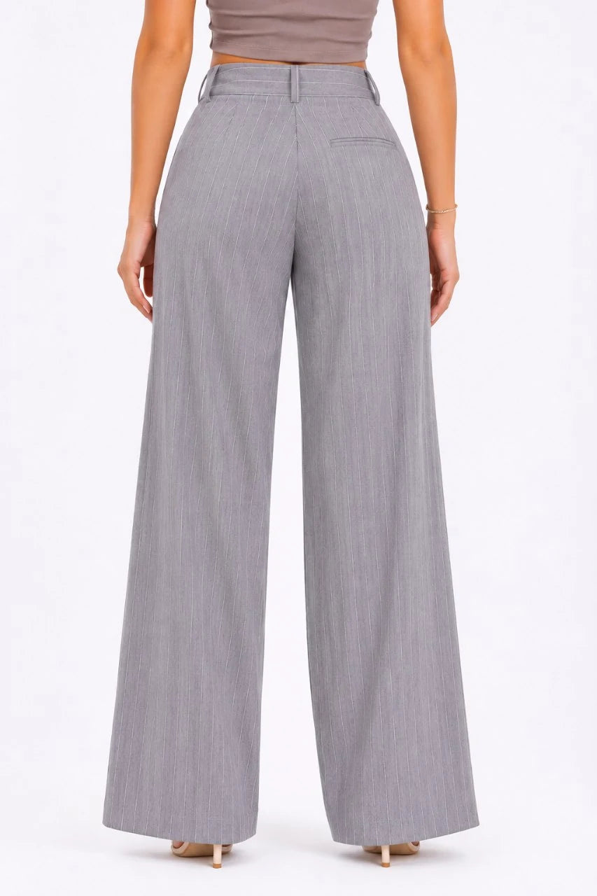 Pinstripe Wrap-Waist Wide-Leg Trousers