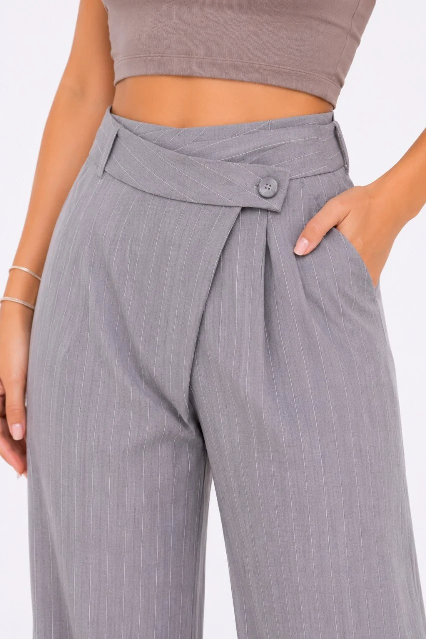 Pinstripe Wrap-Waist Wide-Leg Trousers