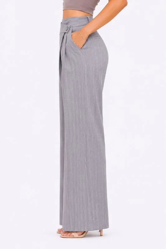 Pinstripe Wrap-Waist Wide-Leg Trousers
