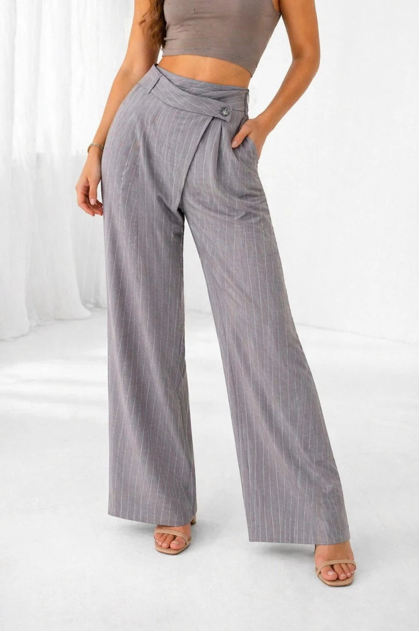 Pinstripe Wrap-Waist Wide-Leg Trousers