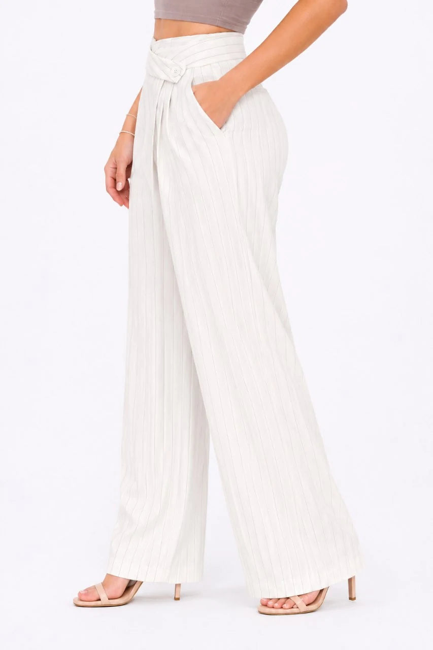 Pinstripe Wrap-Waist Wide-Leg Trousers
