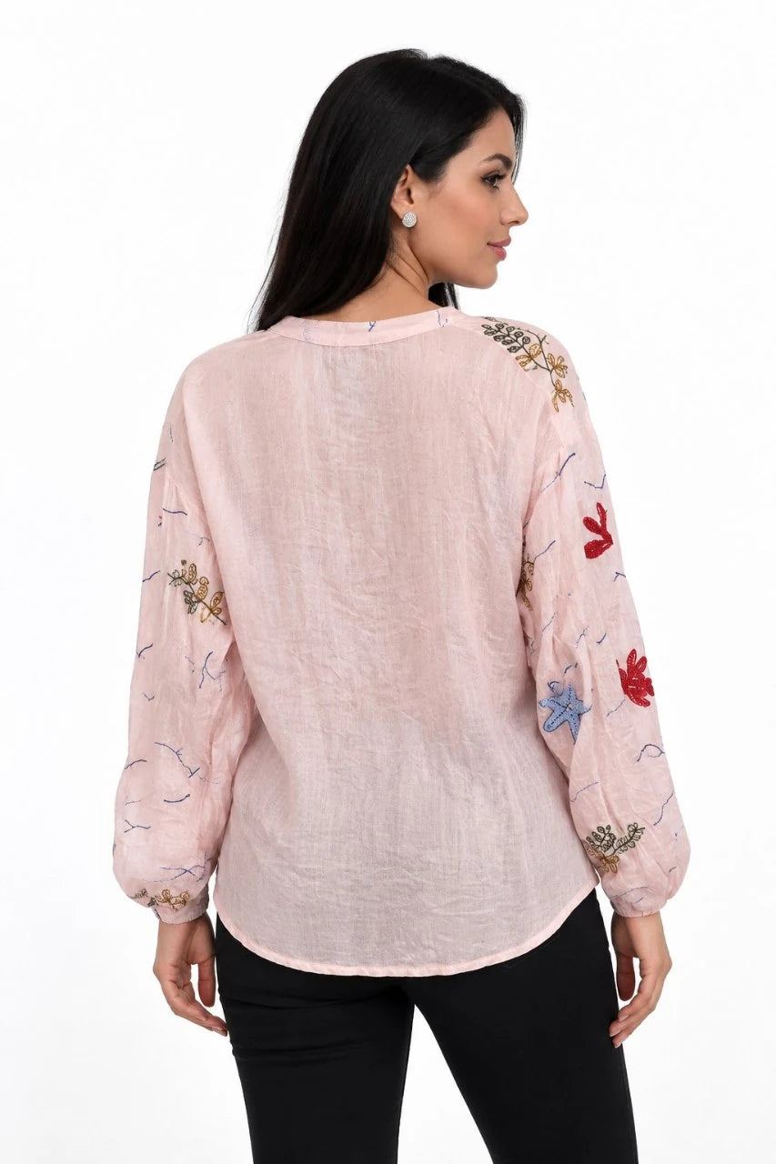 Embroidered Coral Linen Shirt