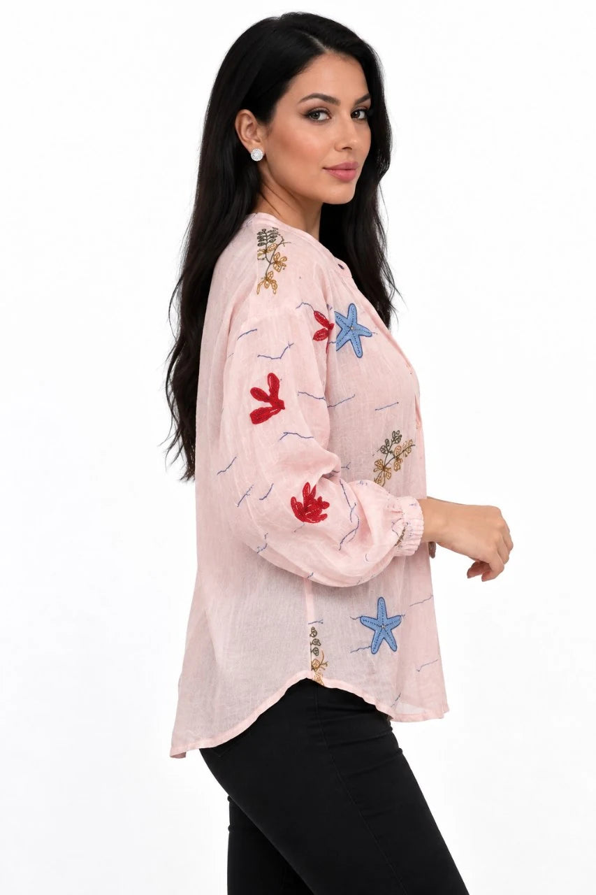 Embroidered Coral Linen Shirt