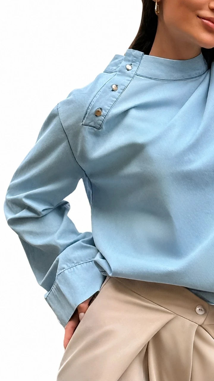 Button-Shoulder Satin Shirt