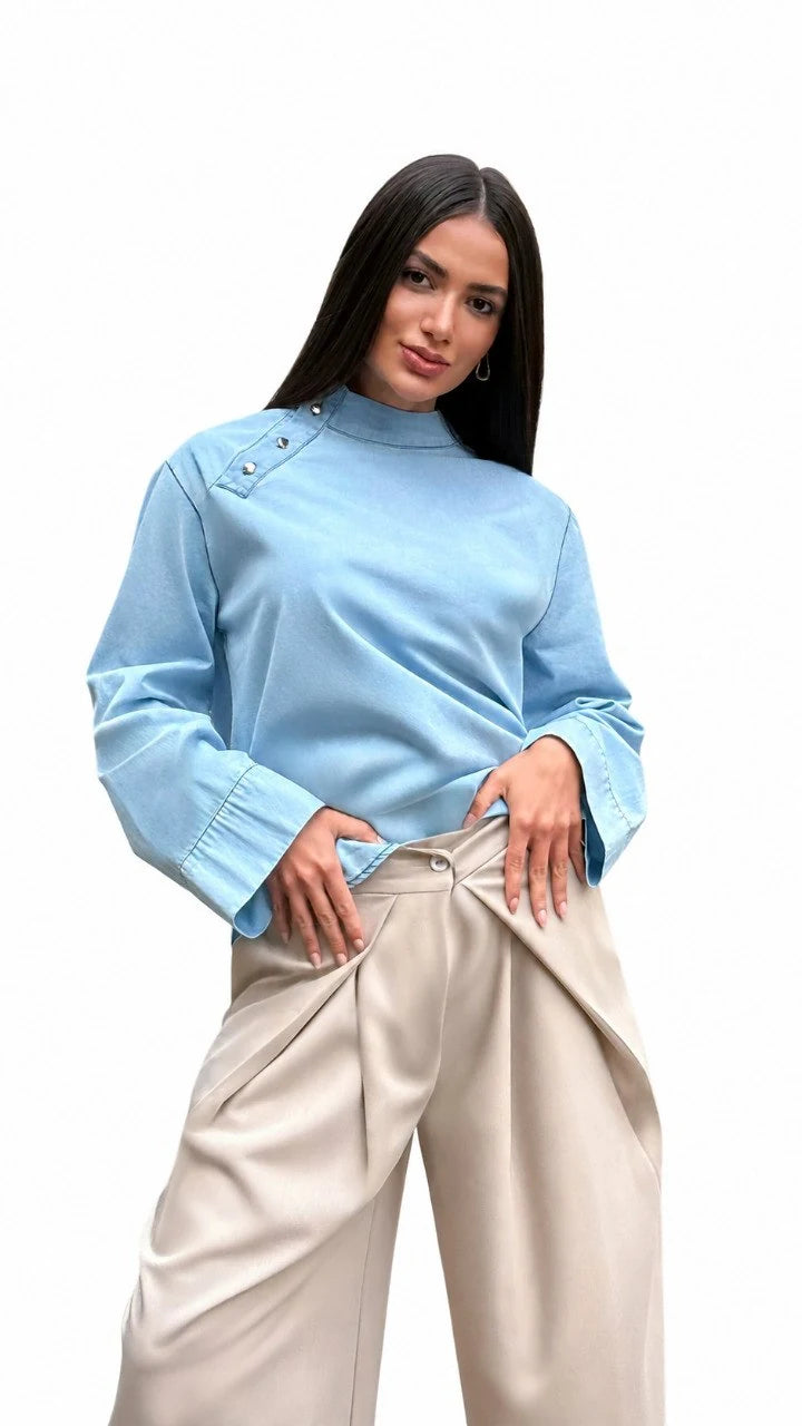 Button-Shoulder Satin Shirt