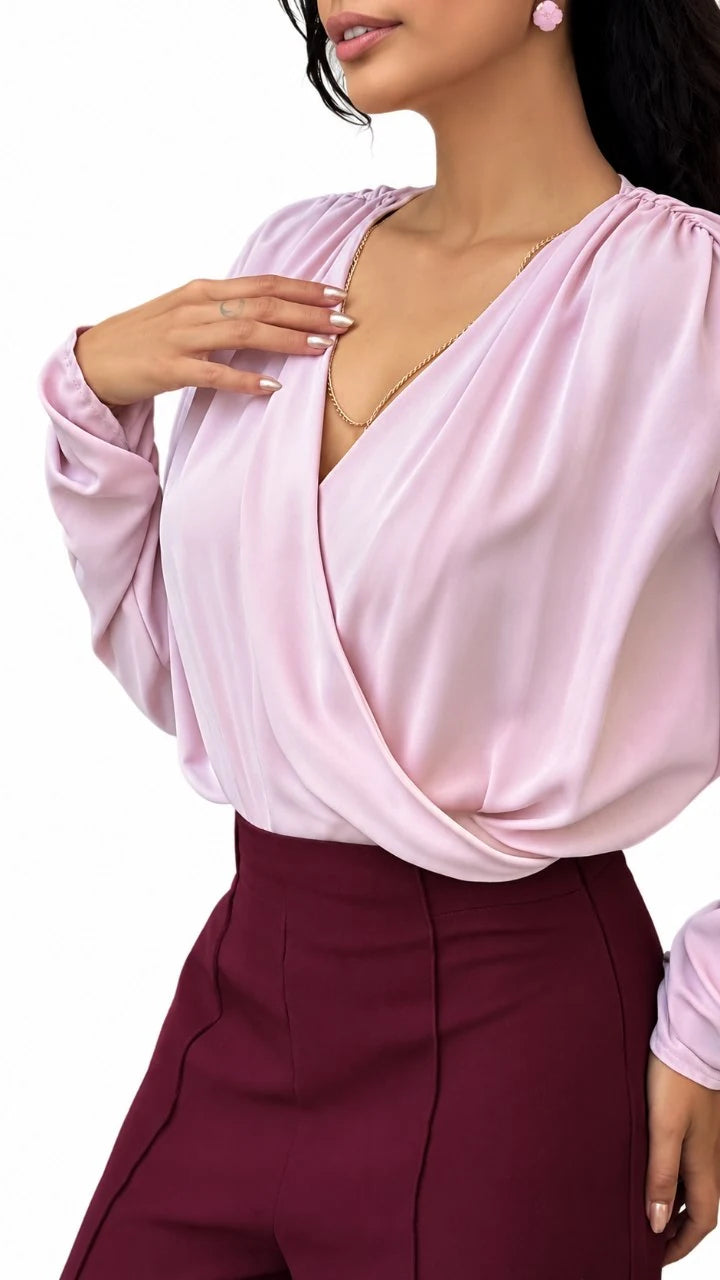 Satin Surplice Wrap Blouse