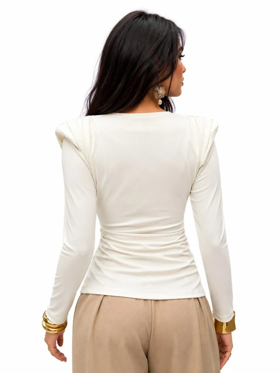 Ruched Shoulder-Pad Jersey Top