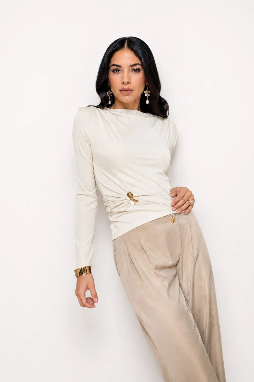 Ruched Shoulder-Pad Jersey Top