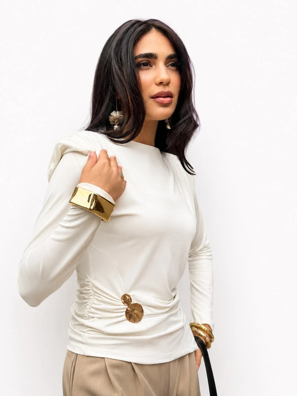 Ruched Shoulder-Pad Jersey Top