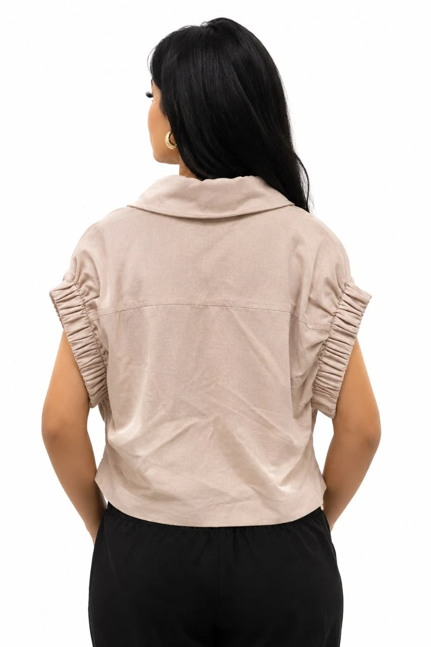 Ruched-Sleeve Cropped Shirt