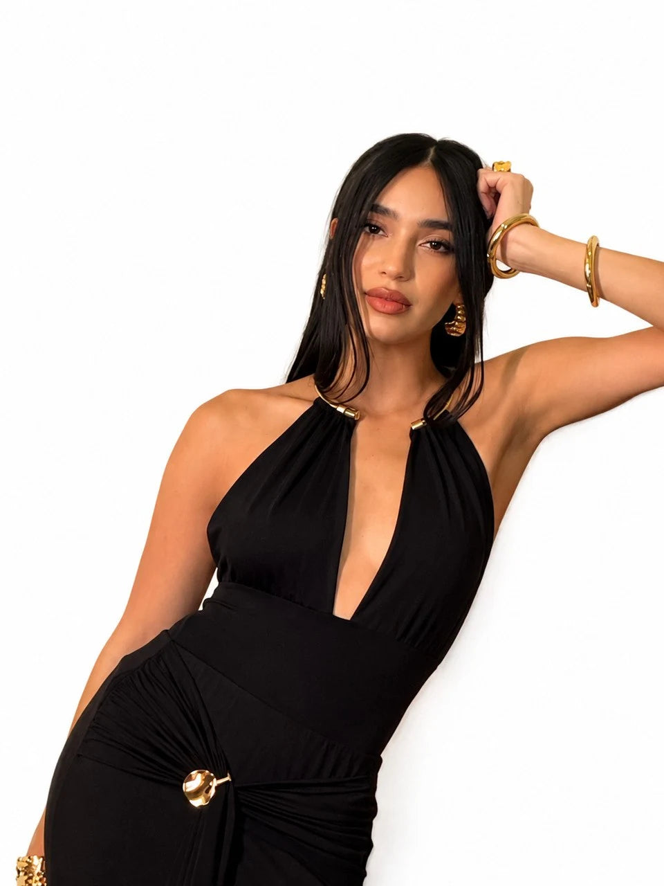 Ring-Detail Plunge Halter Bodysuit