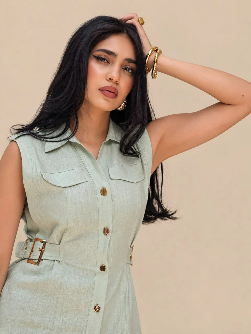 Belted Sleeveless Linen Midi Dress