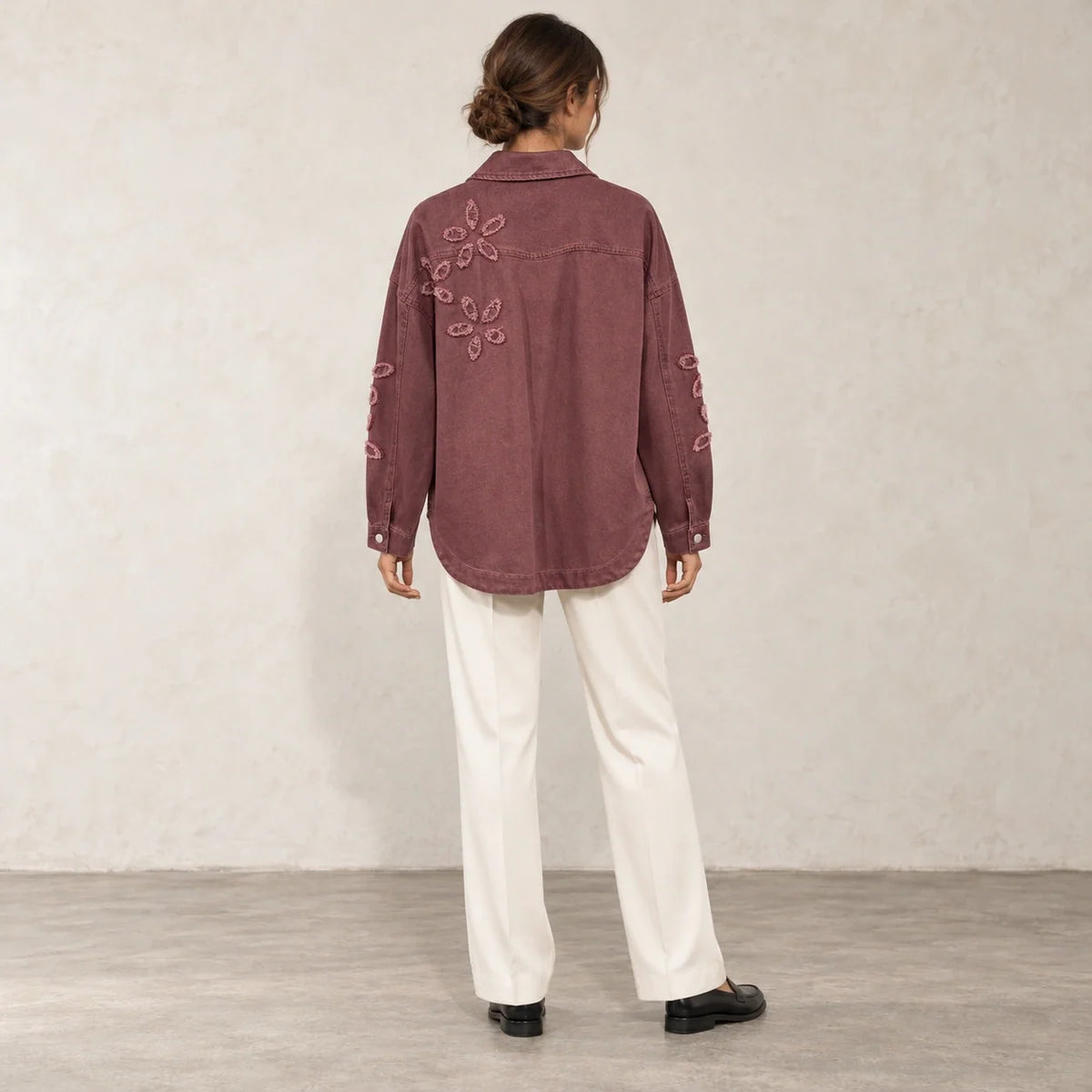 Floral Cutwork Denim Overshirt in Burgundy — ONE MORE
