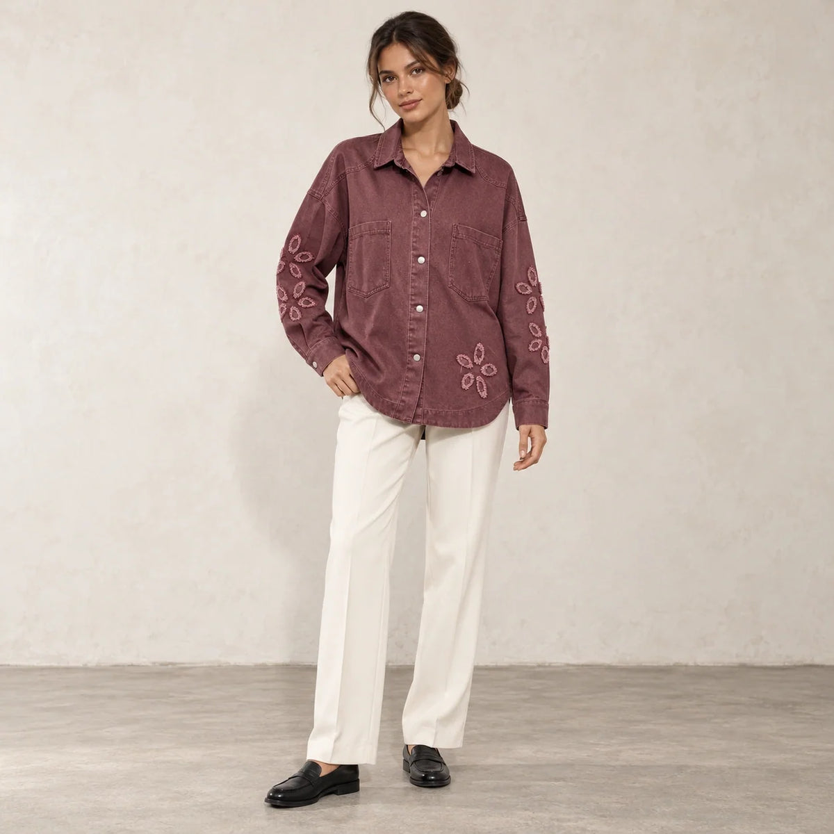 Floral Cutwork Denim Overshirt in Burgundy — ONE MORE