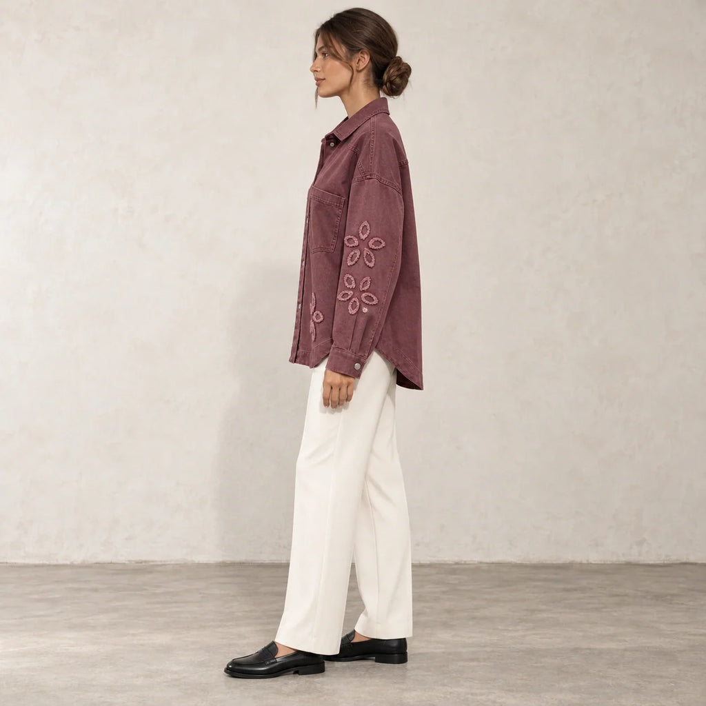 Floral Cutwork Denim Overshirt in Burgundy — ONE MORE