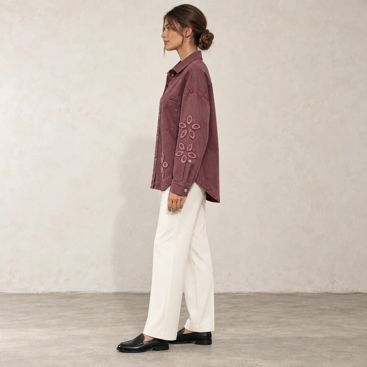 Floral Cutwork Denim Overshirt in Burgundy — ONE MORE