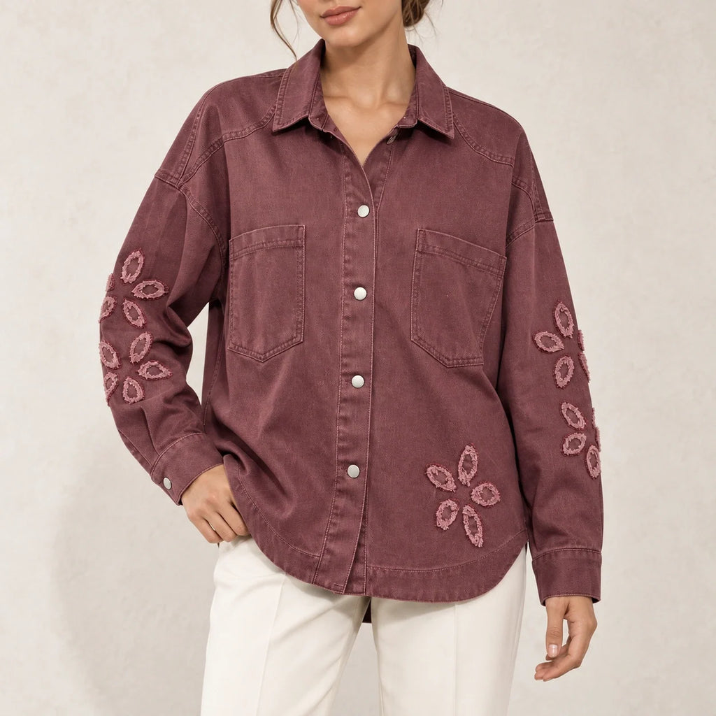 Floral Cutwork Denim Overshirt in Burgundy — ONE MORE