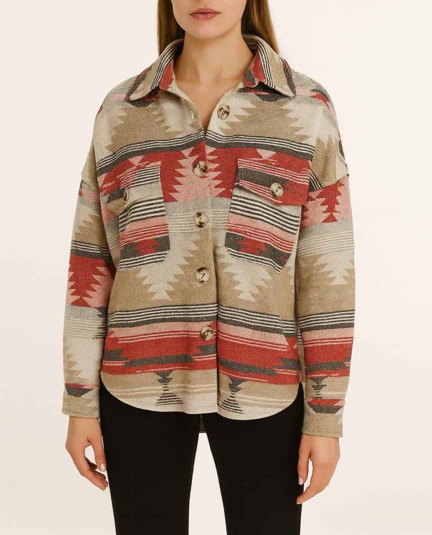 Patterned Oversized Shirt Jacket with Front Pocket