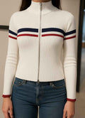 Ribbed Zip-Up Knit Top with Stripe Detail