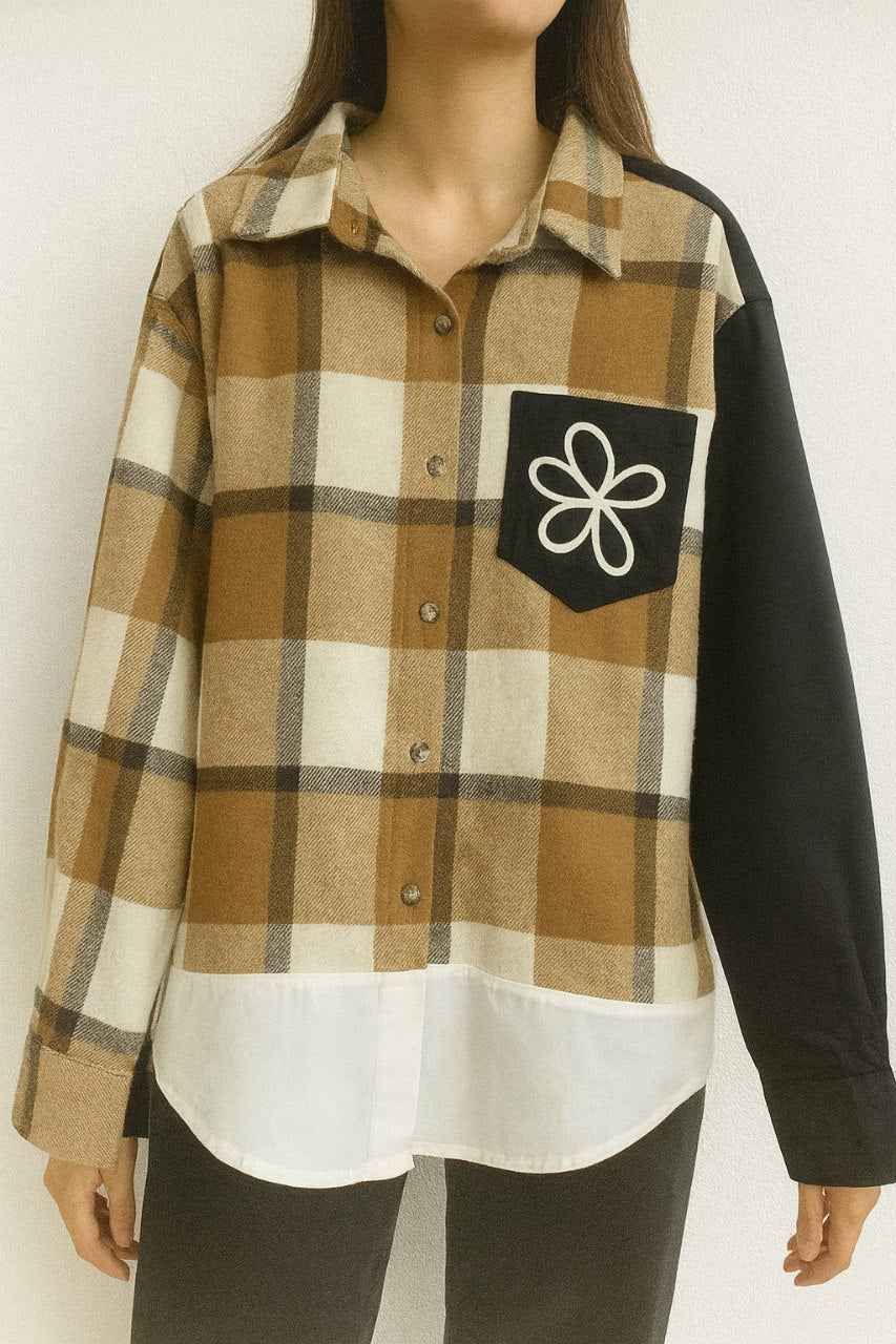 Oversized Plaid Shirt with Contrast Pocket and Hem