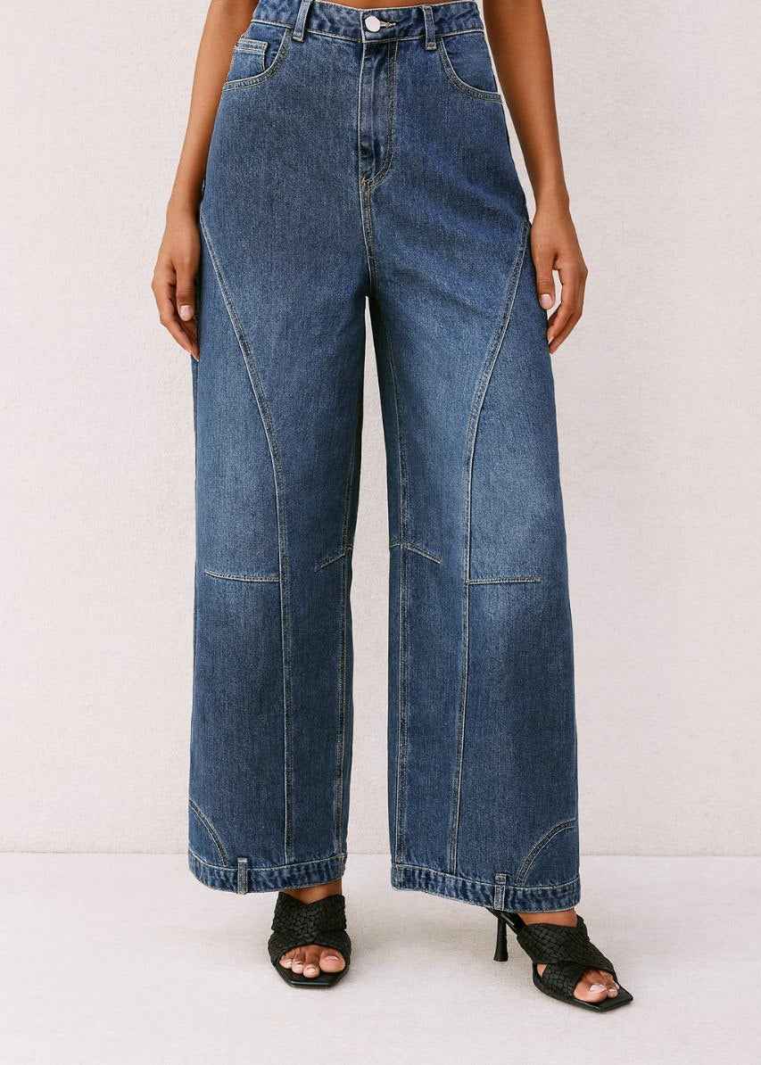 Wide-Leg High-Waist Jeans with Stitch Details