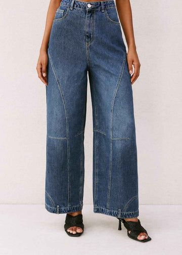 Wide-Leg High-Waist Jeans with Stitch Details