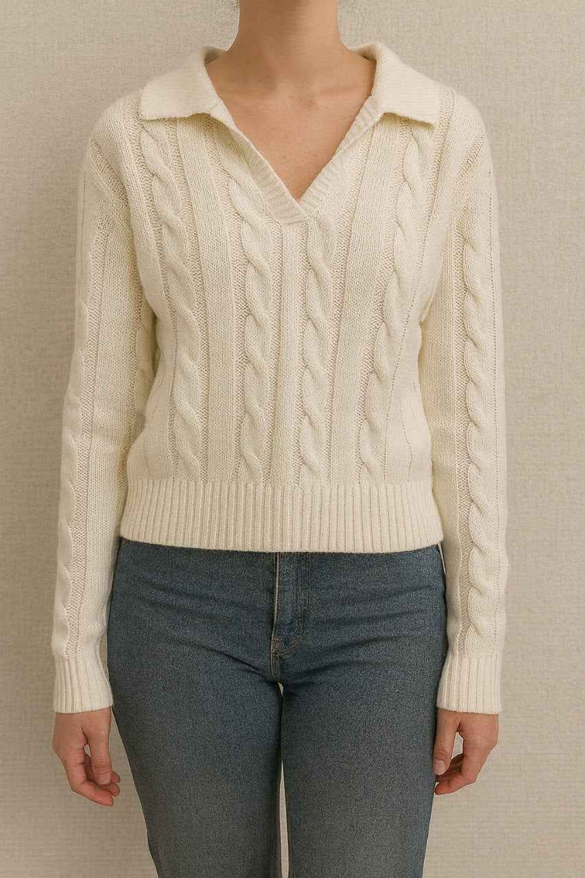 Cable Knit Sweater with Collar and V-Neck