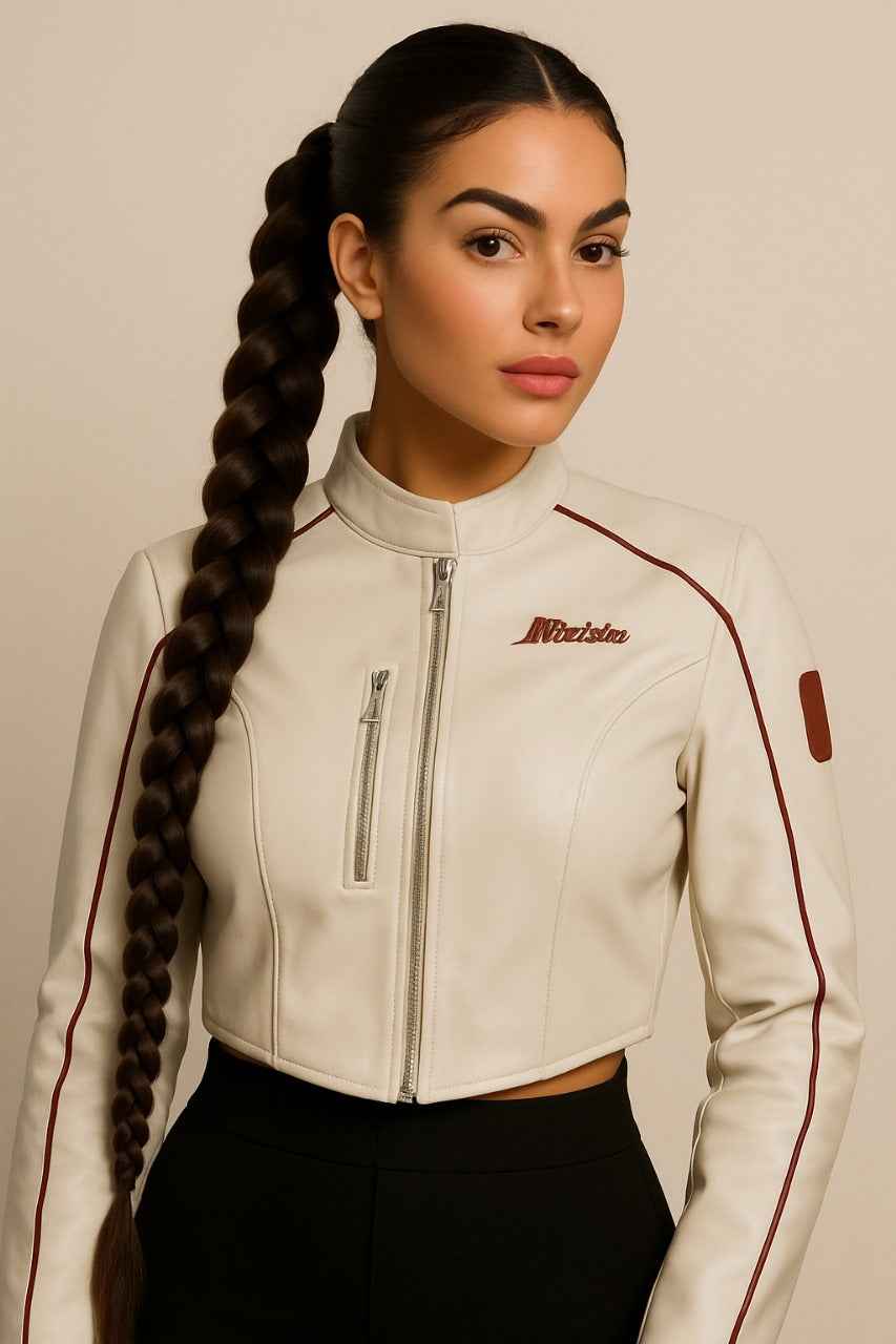 Cropped Faux Leather Jacket with Contrast Piping