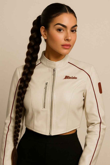 Cropped Faux Leather Jacket with Contrast Piping