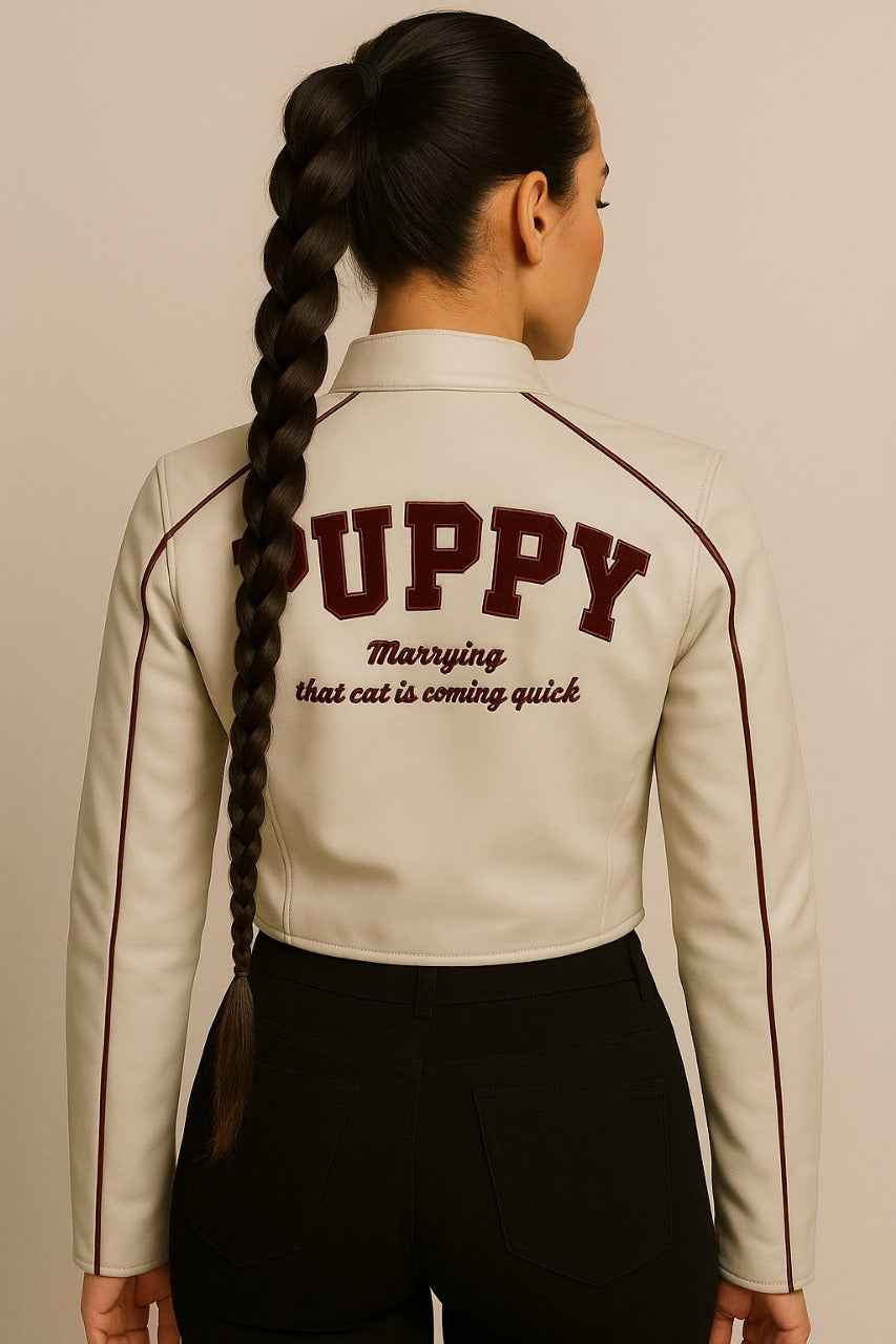 Cropped Faux Leather Jacket with Contrast Piping