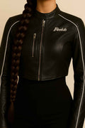 Cropped Faux Leather Jacket with Contrast Piping