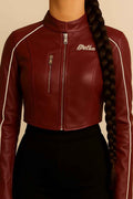 Cropped Faux Leather Jacket with Contrast Piping