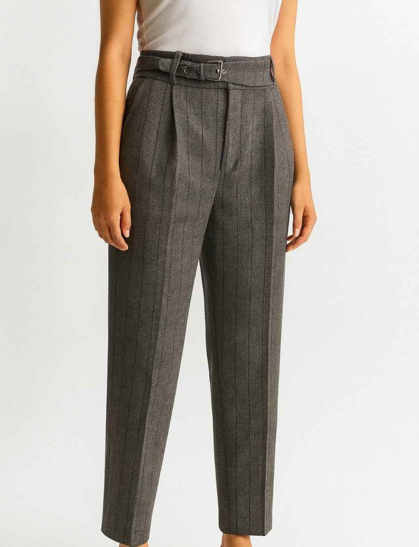 High-Waist Striped Trousers with Belt
