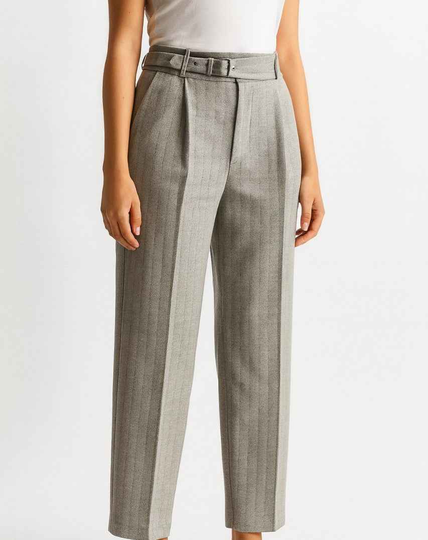High-Waist Striped Trousers with Belt