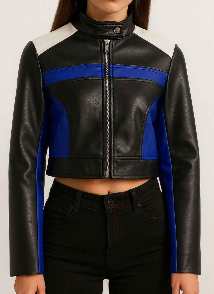 Cropped Two-Tone Faux Leather Jacket